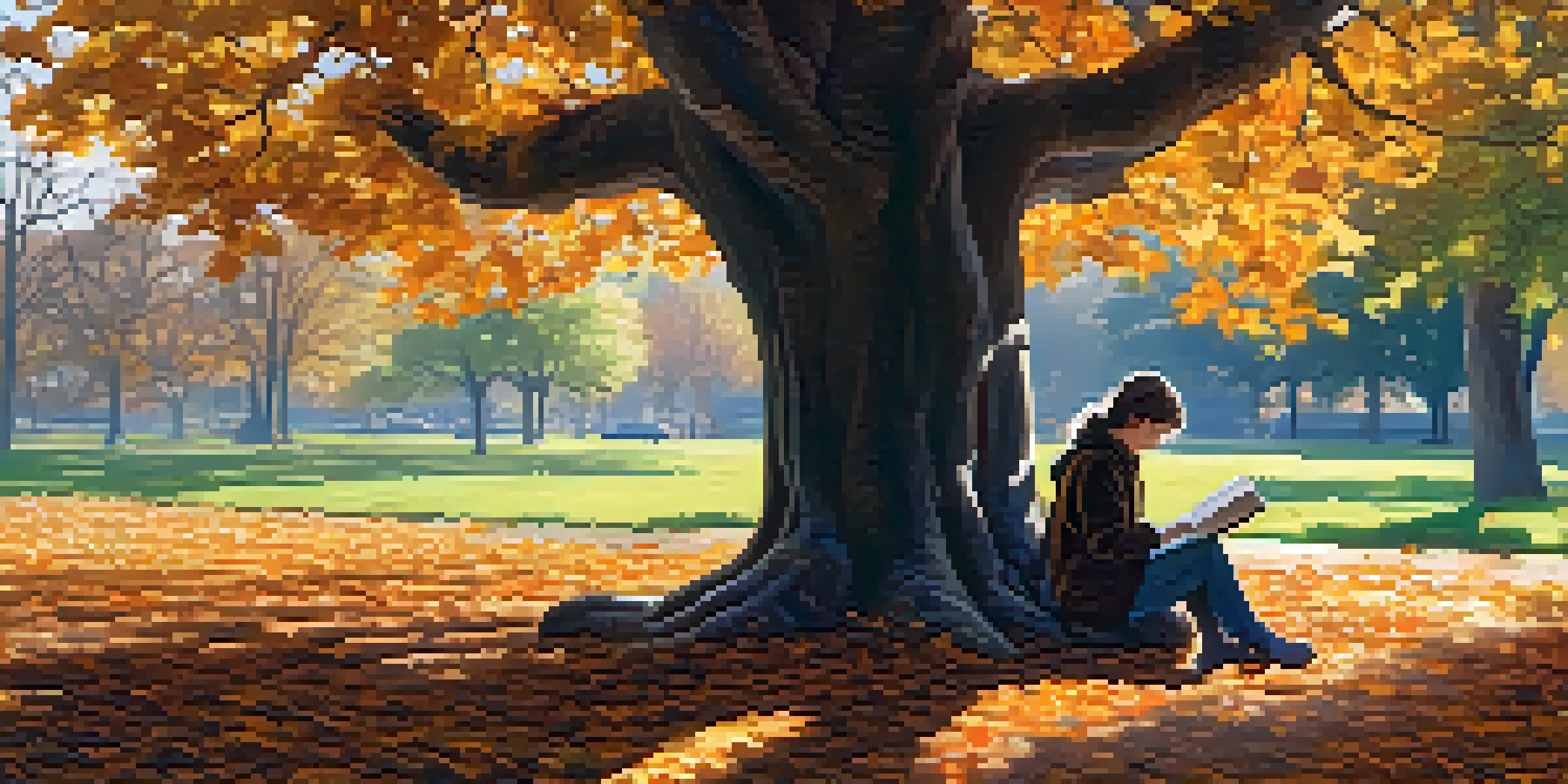 A person writing under a large tree in a park, surrounded by autumn leaves and sunlight.