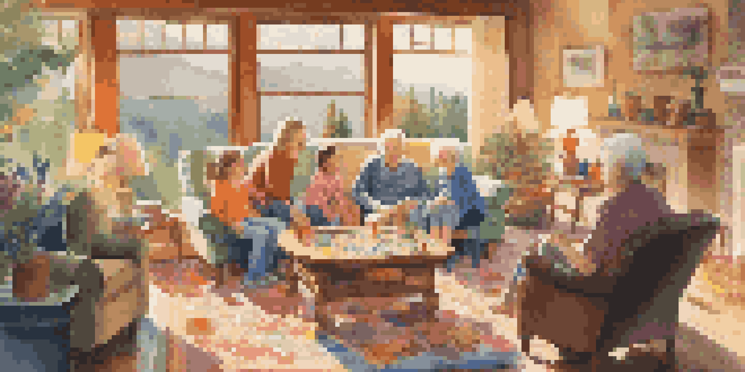 A family gathered in a cozy living room, working on a large jigsaw puzzle together, with warm sunlight illuminating the scene.
