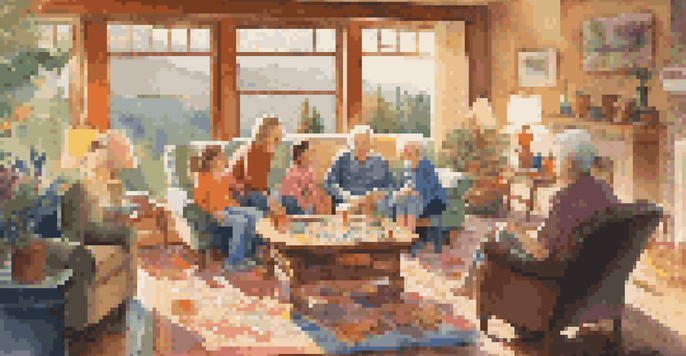 A family gathered in a cozy living room, working on a large jigsaw puzzle together, with warm sunlight illuminating the scene.