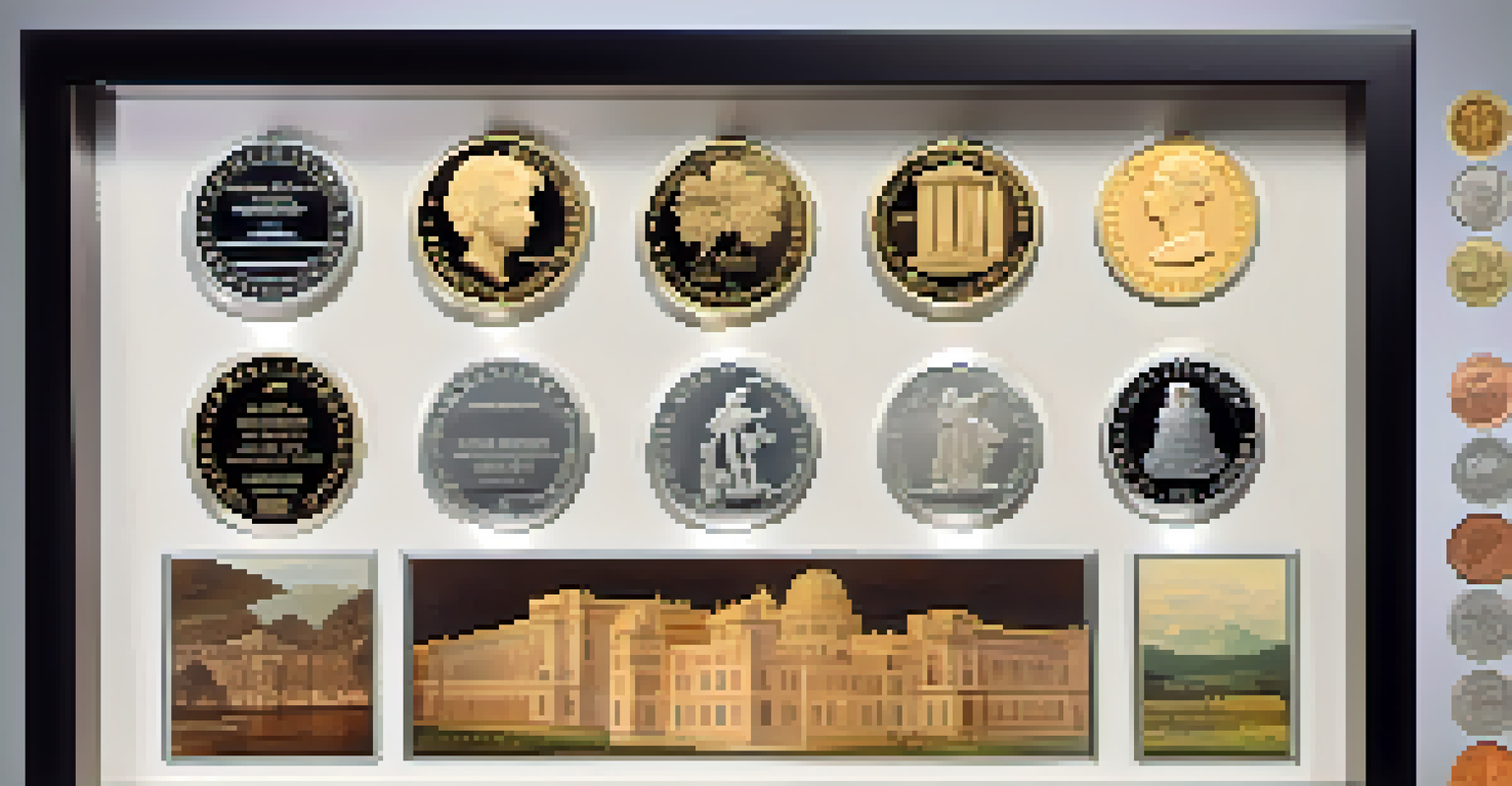 Themed coins beautifully arranged in a shadow box with labels and soft background lighting.