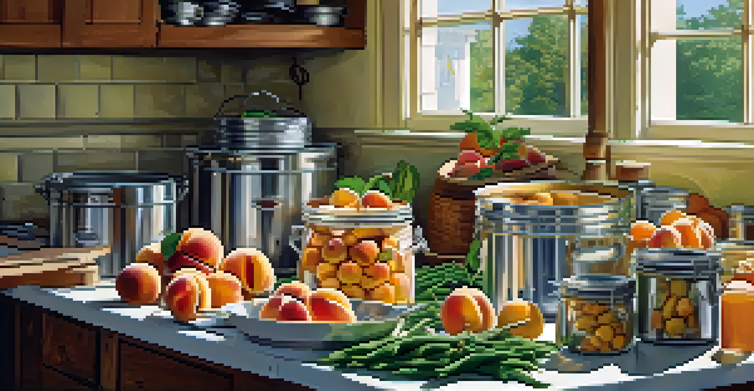 A kitchen table set up for canning, with fresh produce, jars, and a boiling pot, creating an inviting atmosphere.