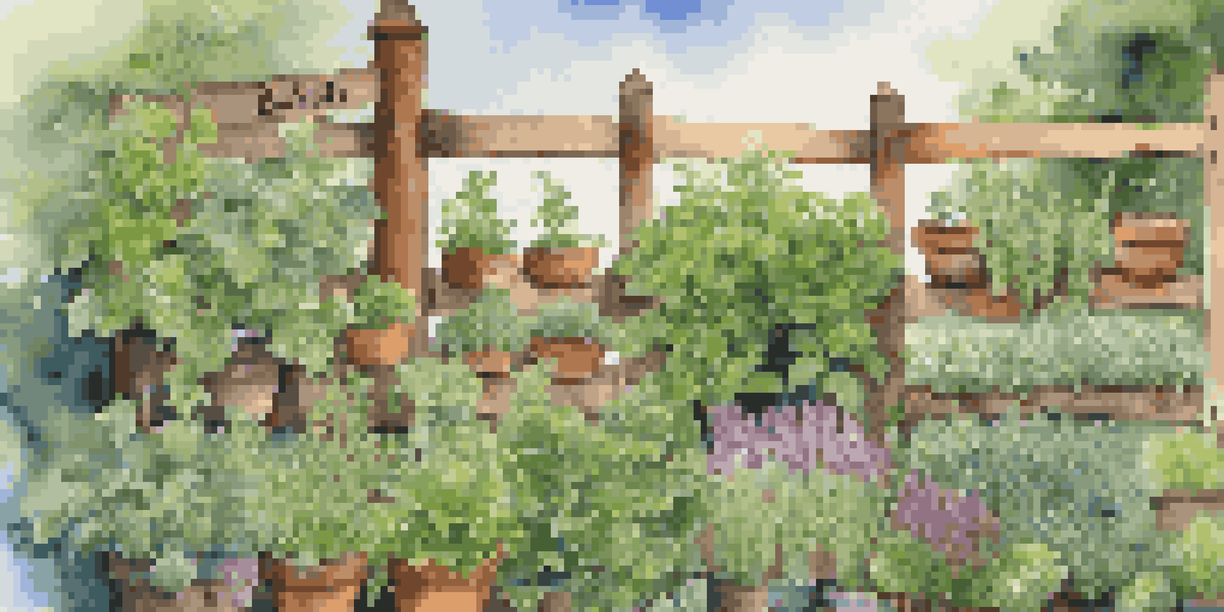 A colorful herb garden with various herbs labeled, bright blue sky, and wooden fence in the background.