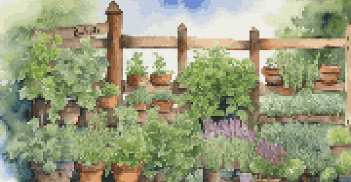 A colorful herb garden with various herbs labeled, bright blue sky, and wooden fence in the background.