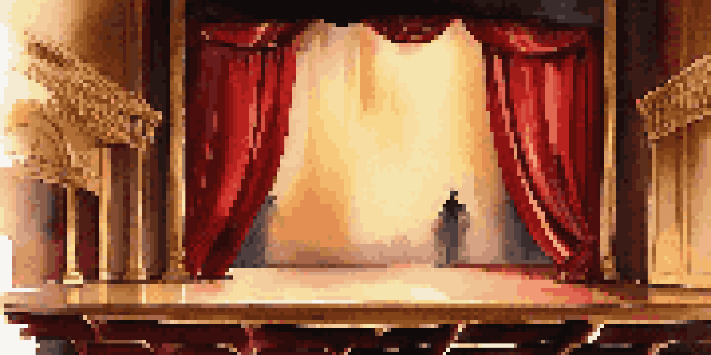 A theater stage set for the final act, with dramatic lighting and rich red curtains, highlighting a central character in contemplation.