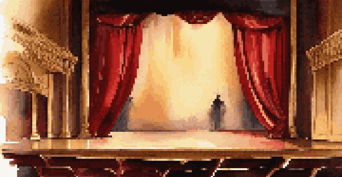A theater stage set for the final act, with dramatic lighting and rich red curtains, highlighting a central character in contemplation.