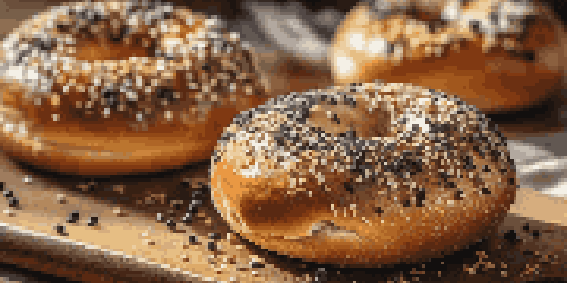 A variety of freshly baked bagels with different toppings displayed on a wooden cutting board.