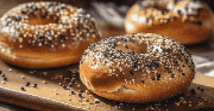 A variety of freshly baked bagels with different toppings displayed on a wooden cutting board.