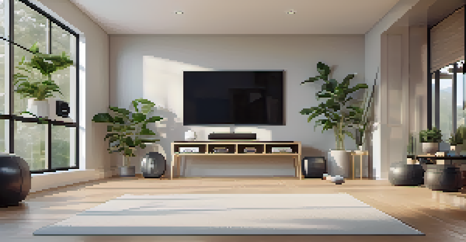 A modern home gym with a smart TV at eye level, bright lighting, and a diffuser, creating an immersive workout environment.