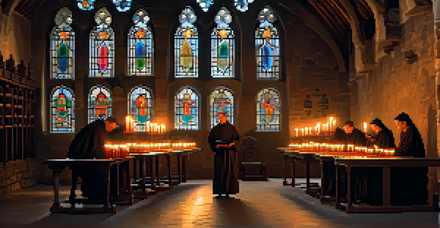 Monks in a medieval monastery copying texts by candlelight with stained glass windows.