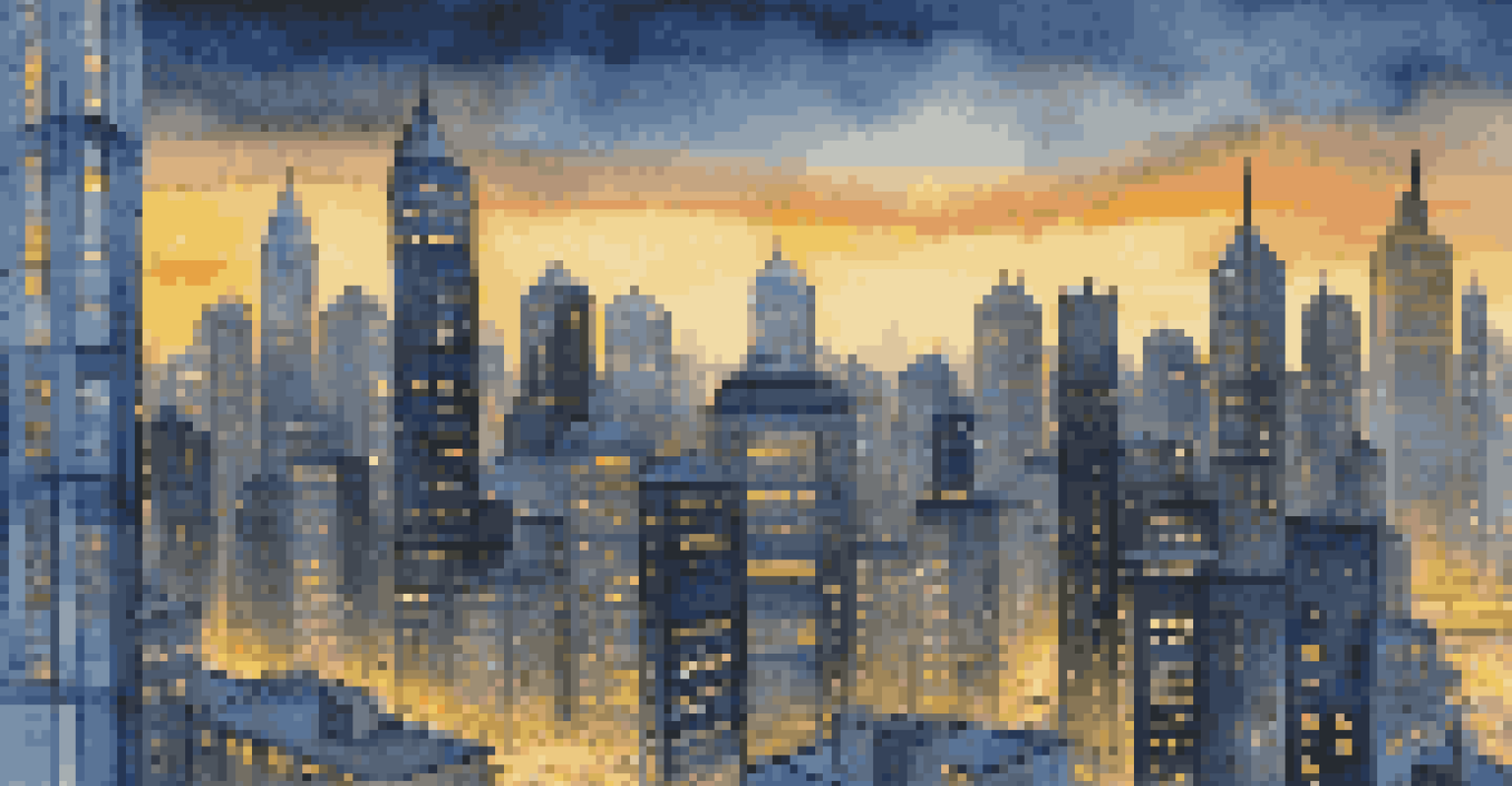 A dynamic cityscape with towering skyscrapers and glowing windows against a twilight sky.