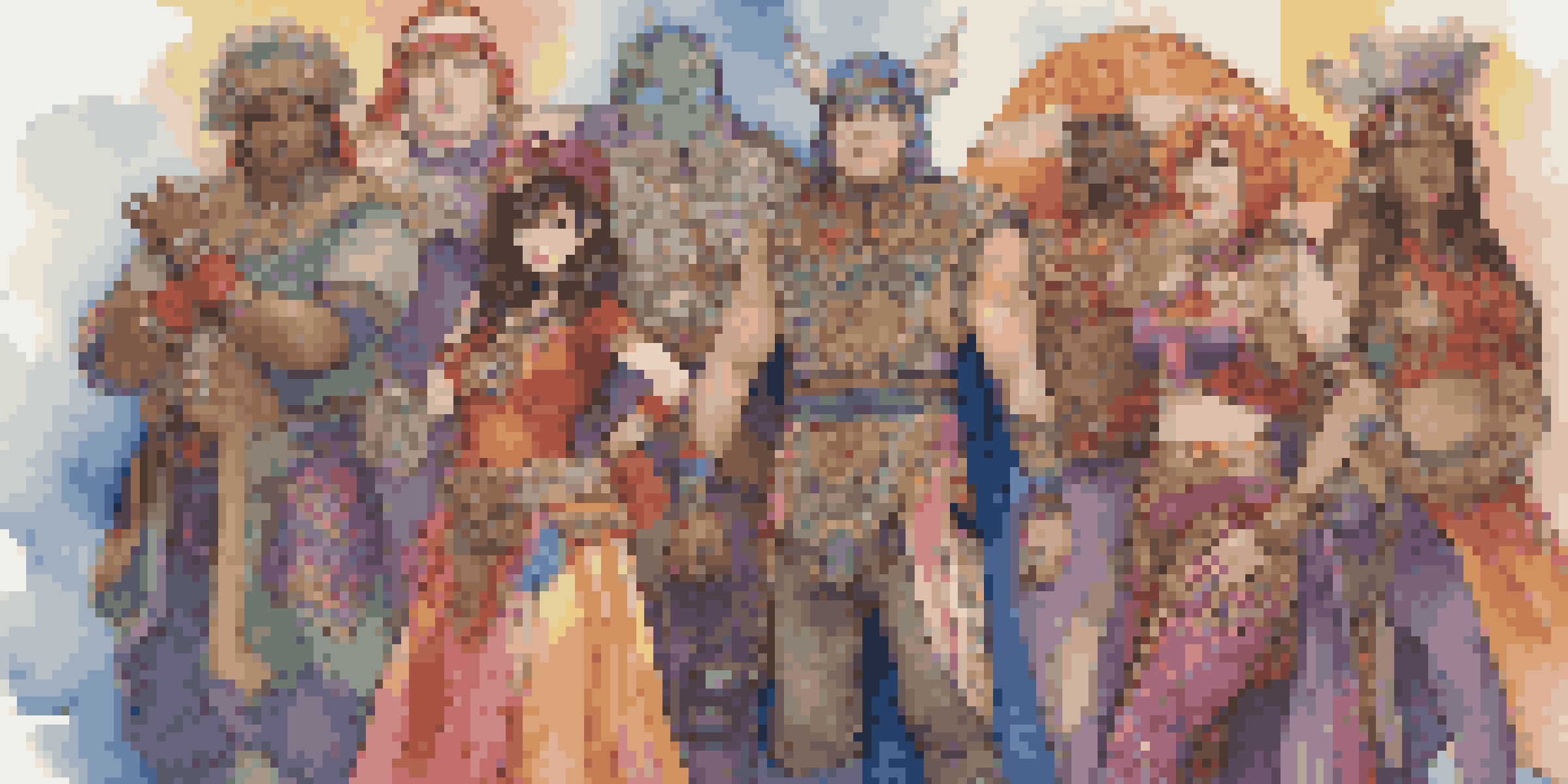A diverse group of cosplayers in a convention setting, showcasing intricate costumes from various cultures, with warm lighting illuminating their expressions.