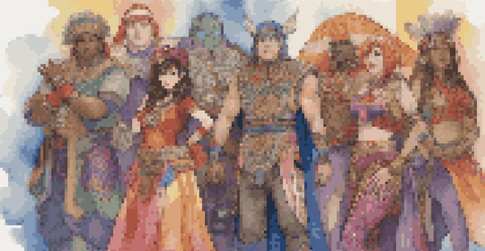 A diverse group of cosplayers in a convention setting, showcasing intricate costumes from various cultures, with warm lighting illuminating their expressions.