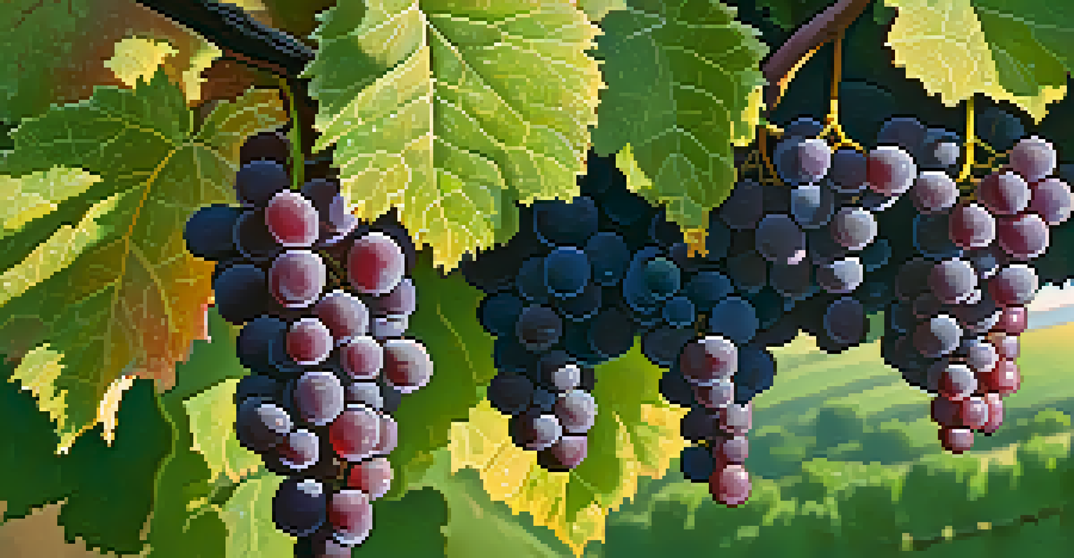 Grape clusters of Zinfandel with dew drops on a vine, set against a blurred vineyard background.