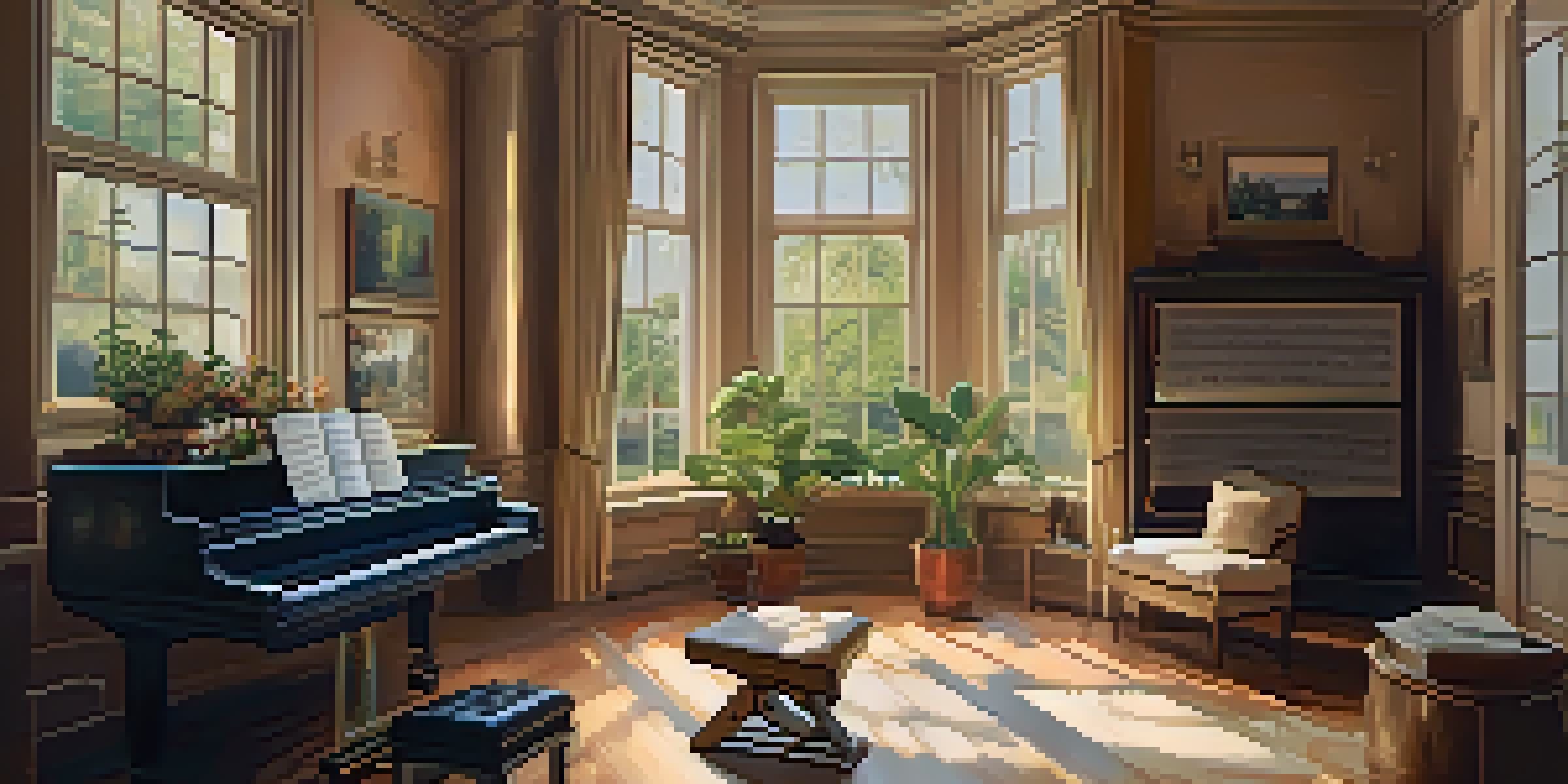 A cozy music studio with a grand piano, sheet music on the floor, and a vintage metronome, illuminated by natural light and a view of a garden outside.