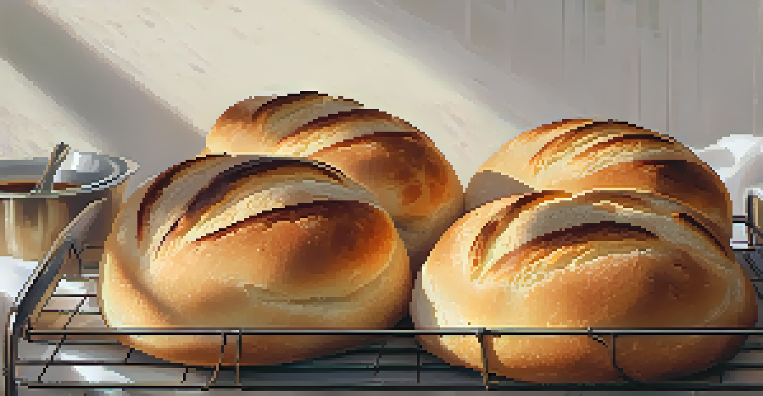 Freshly baked bread loaves cooling on a rack, with a blurred kitchen background.