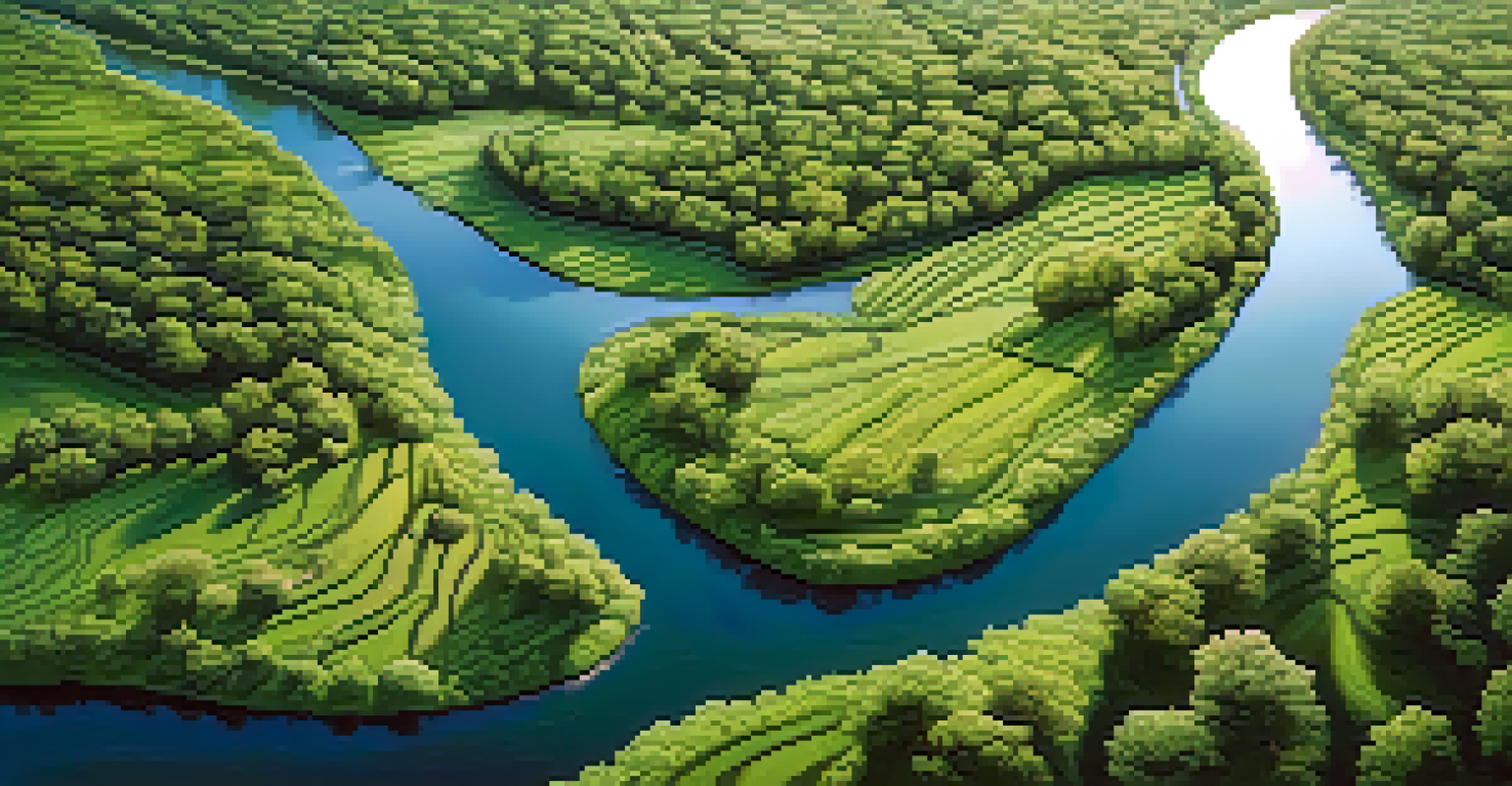 A winding river seen from above, surrounded by lush greenery and soft clouds in the sky.