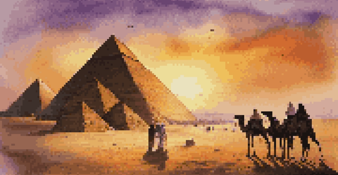 A group of travelers admiring the Pyramids of Giza at sunset, with a colorful sky in the background.