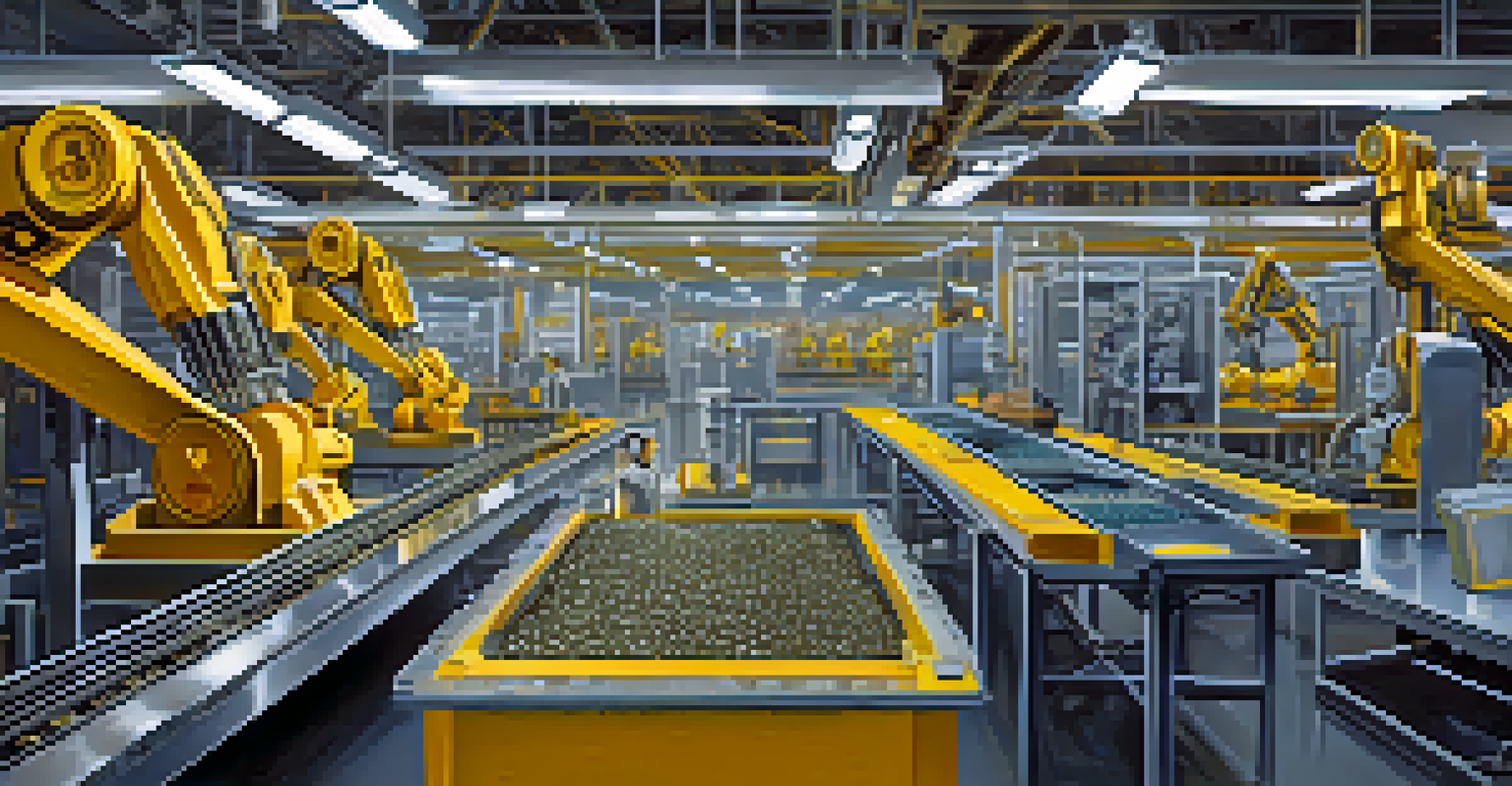 A high-tech minting facility featuring machinery and robotic arms actively producing coins.