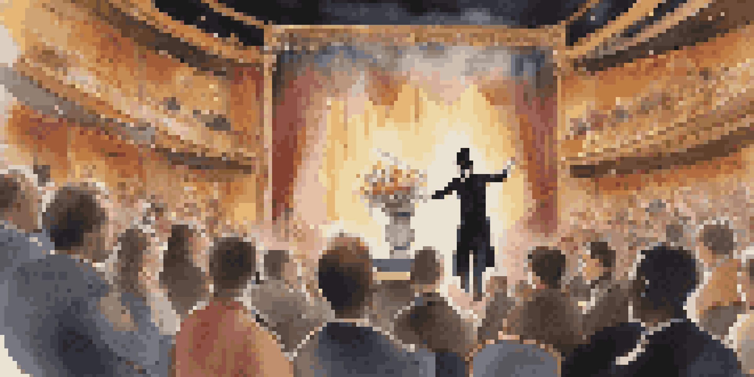A magician in a black suit with a top hat performs a trick making flowers bloom from an empty pot, while an enchanted audience watches.