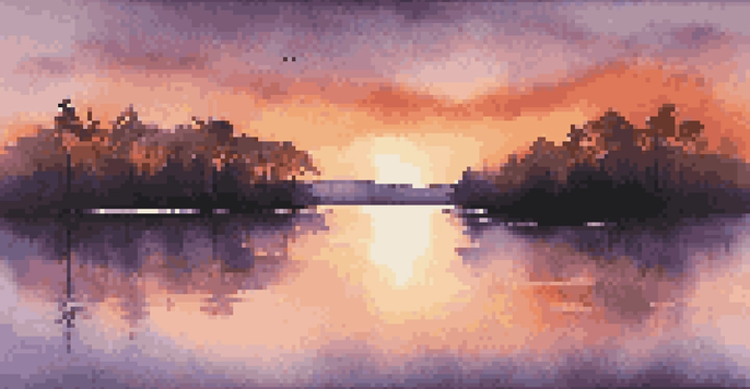 A colorful sunset casting reflections on a calm lake with silhouetted trees in the foreground.