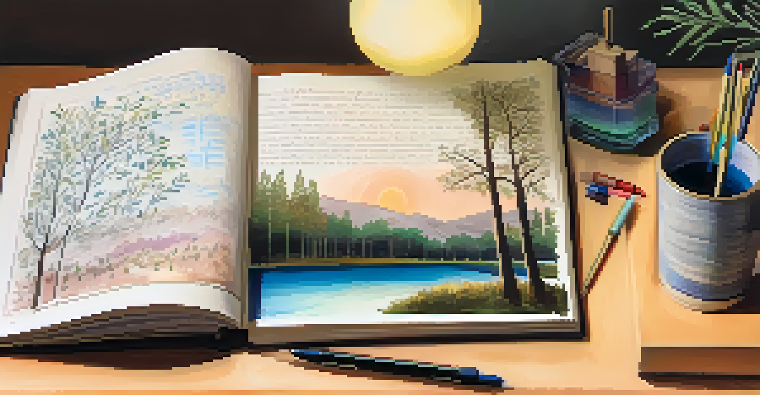 An open journal with handwritten notes, colorful pens, and a framed photo in a softly lit room.