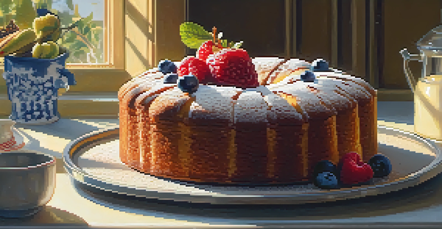 A cooling cake on a wire rack topped with powdered sugar and fresh fruits, illuminated by sunlight.
