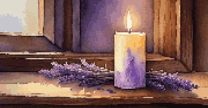 A warm and inviting candle on a wooden table, surrounded by lavender and flower petals, with soft light filtering through a window.