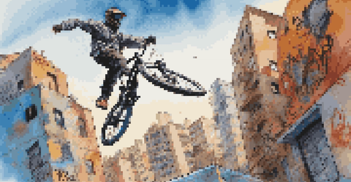 A BMX rider in mid-air executing a stunt against a colorful urban backdrop.