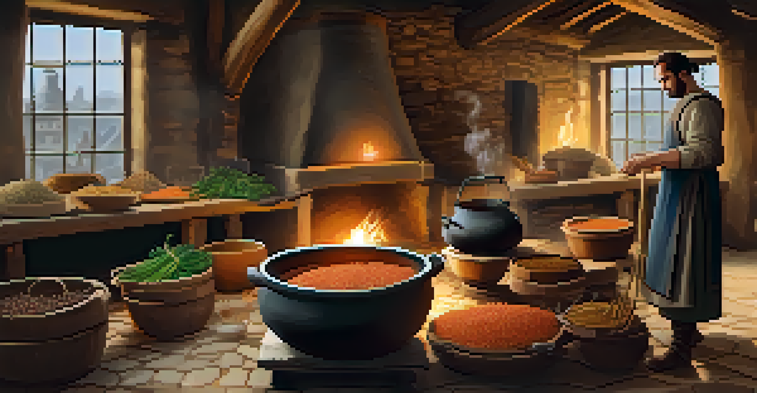 A rustic kitchen with a cook preparing pottage over an open hearth, surrounded by vegetables and wooden utensils.