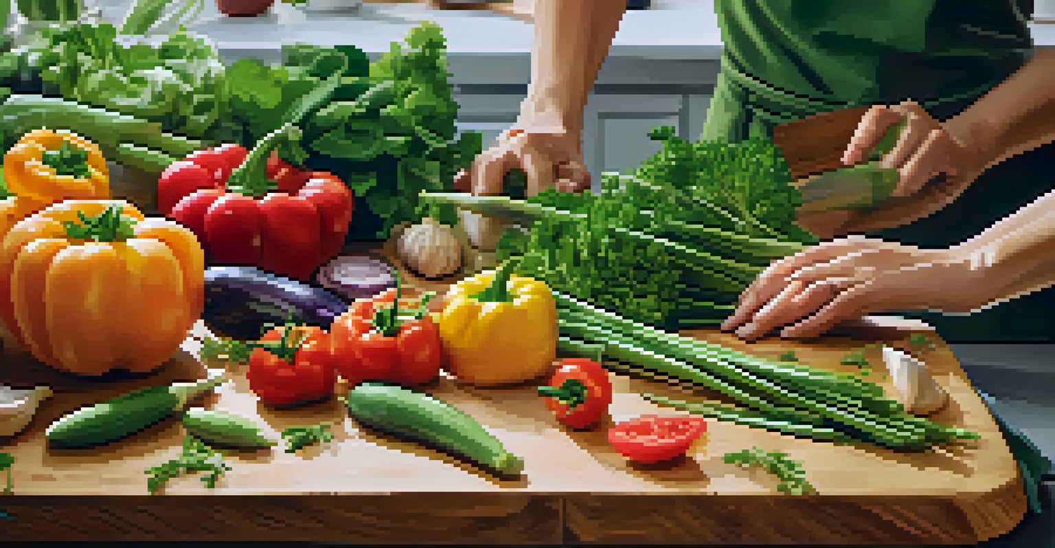 Close-up of hands chopping fresh herbs and colorful vegetables on a wooden cutting board, highlighting the textures and colors.