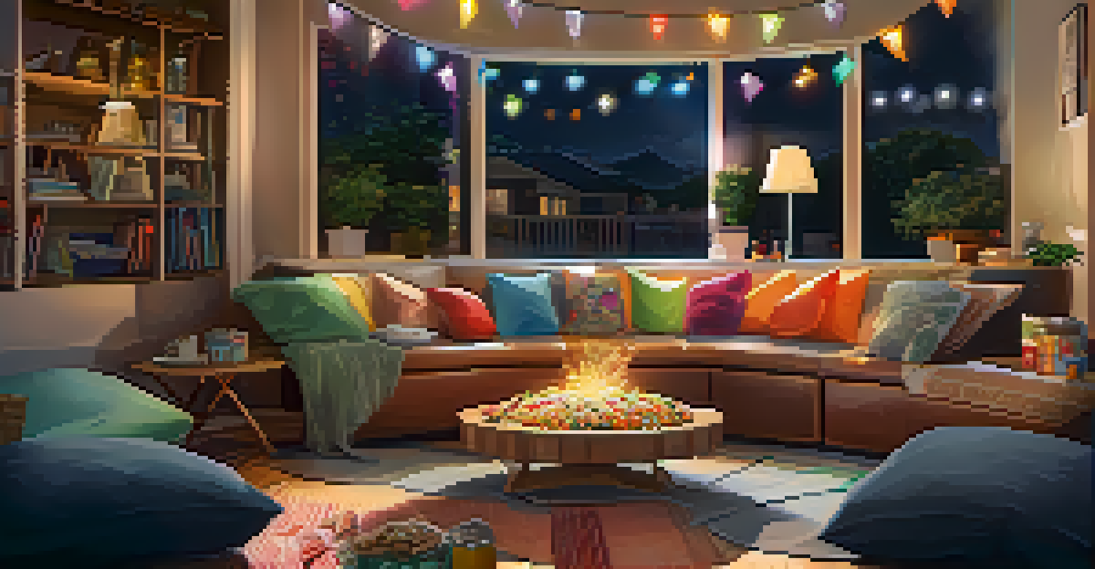 A warm and inviting game night scene with seating arranged in a circle, illuminated by soft lights, surrounded by board games and snacks.