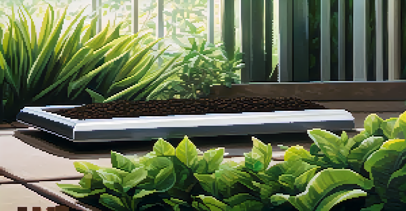 Close-up of a soil moisture sensor in rich soil surrounded by healthy green plants, illuminated by soft natural light.