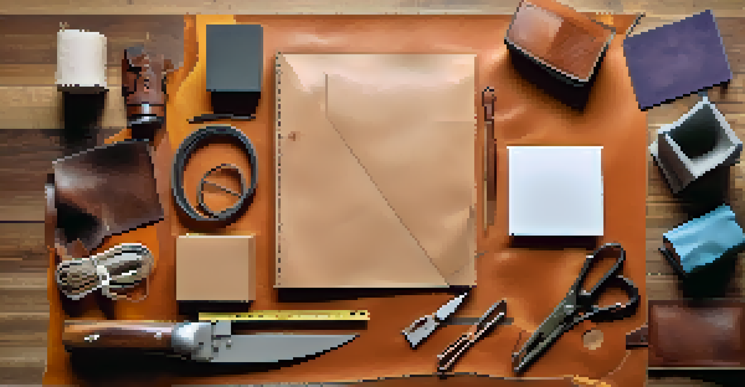 An organized leather crafting workspace with tools and leather scraps under warm sunlight.