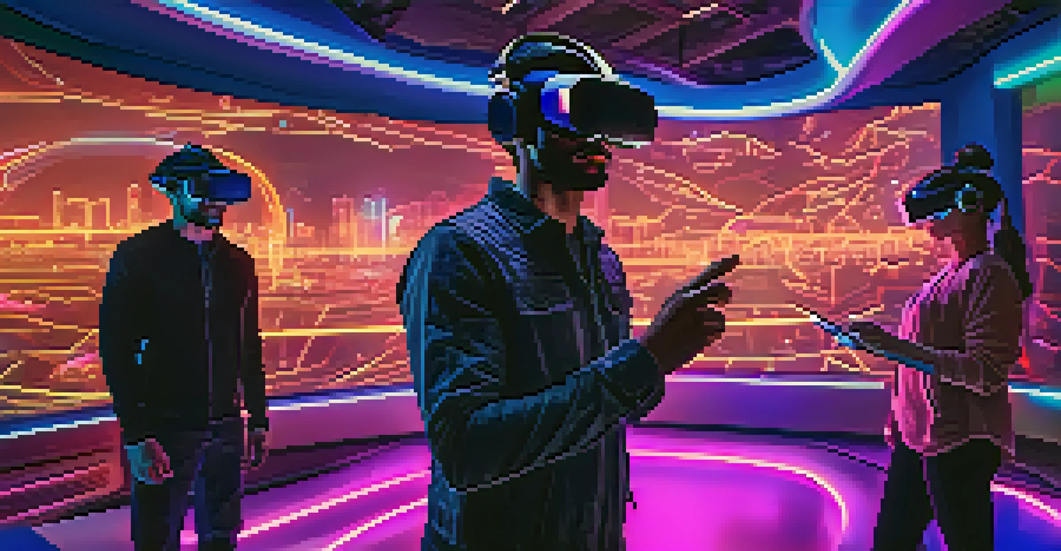 A group of people in VR headsets participating in a training session in a futuristic city with neon lights and holographic displays.