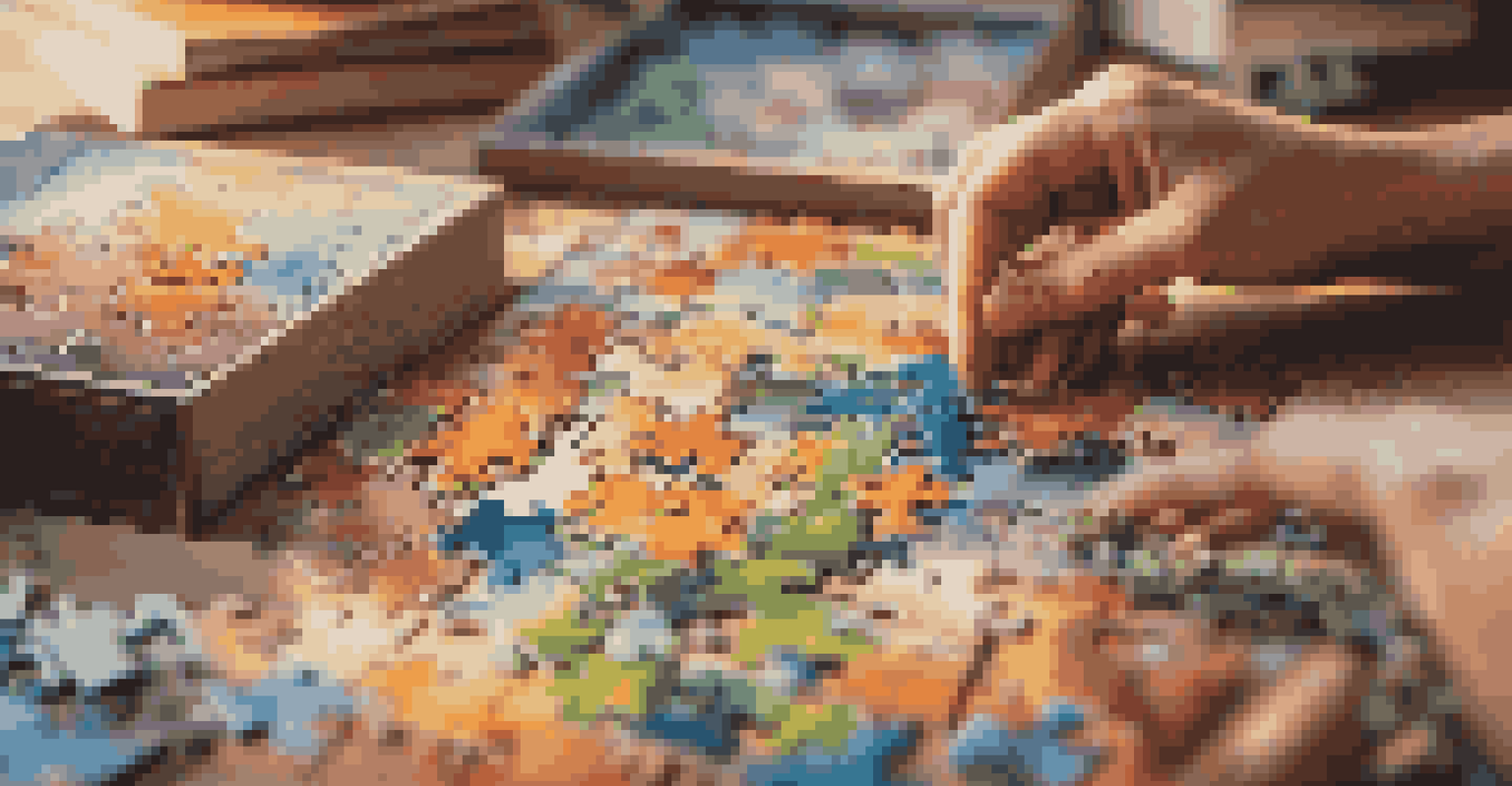 Close-up of hands placing the last piece of a jigsaw puzzle with a cozy living room background.