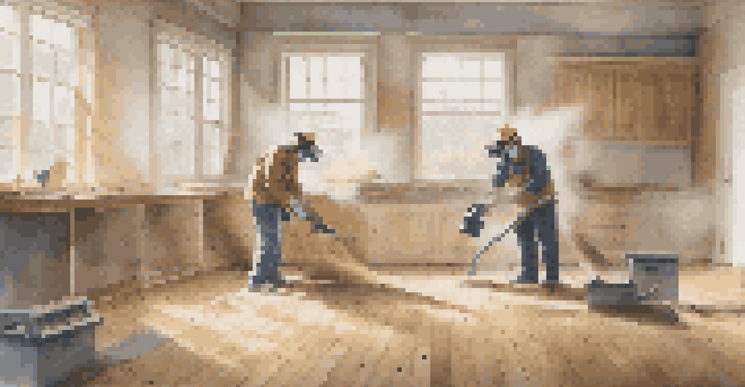 A worker in safety gear using a sander on a wooden surface in a bright renovation space.