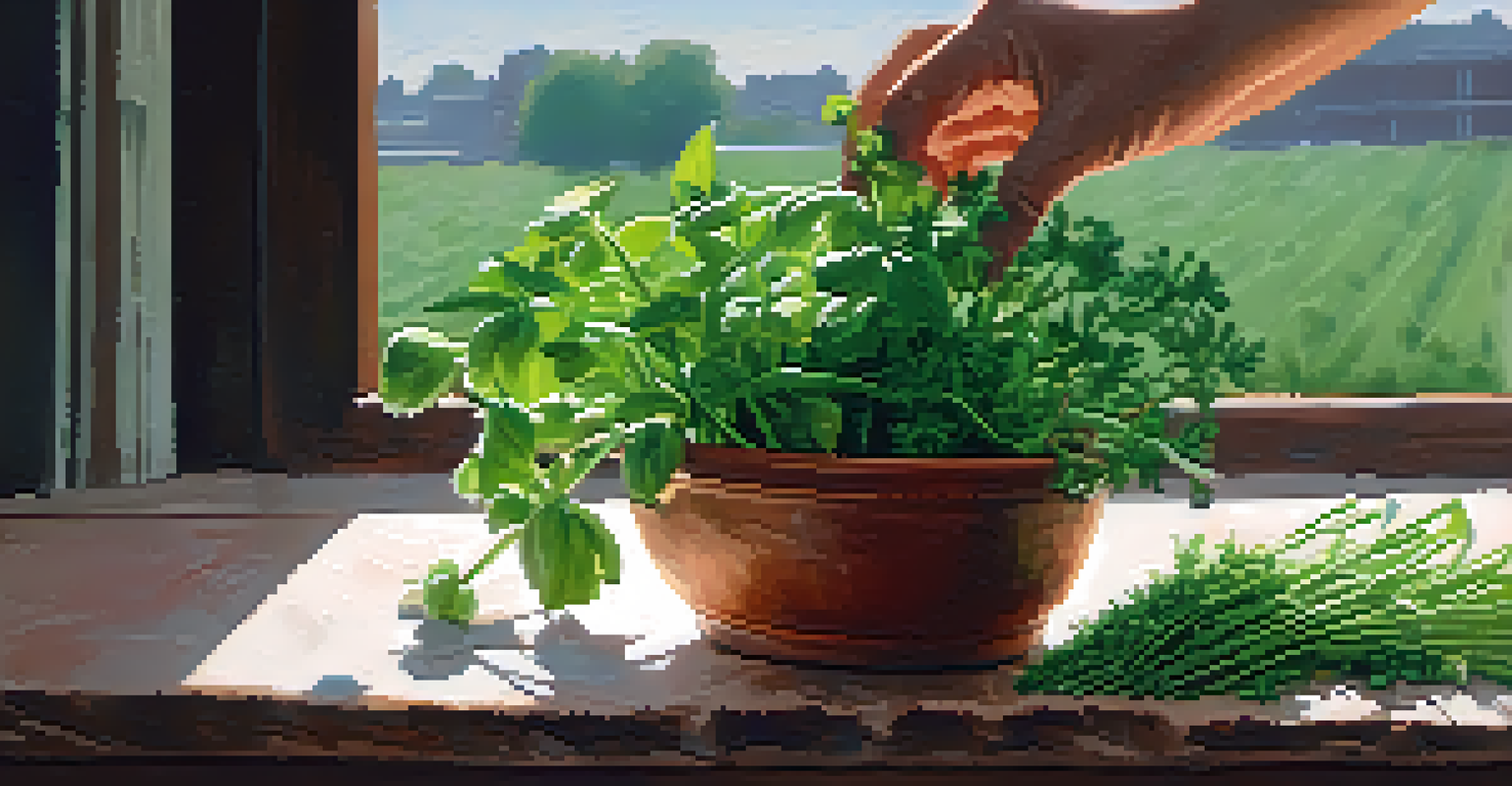 A close-up of hands harvesting fresh herbs like basil and chives from an urban garden, with a blurred background.