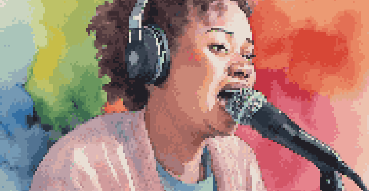 A voice actor passionately practicing in front of a microphone, surrounded by colorful soundproofing foam.