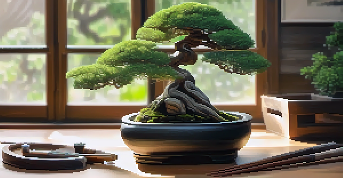 A peaceful bonsai tree in a wooden pot on a table with bonsai tools, illuminated by soft natural light, and a blurred garden in the background.