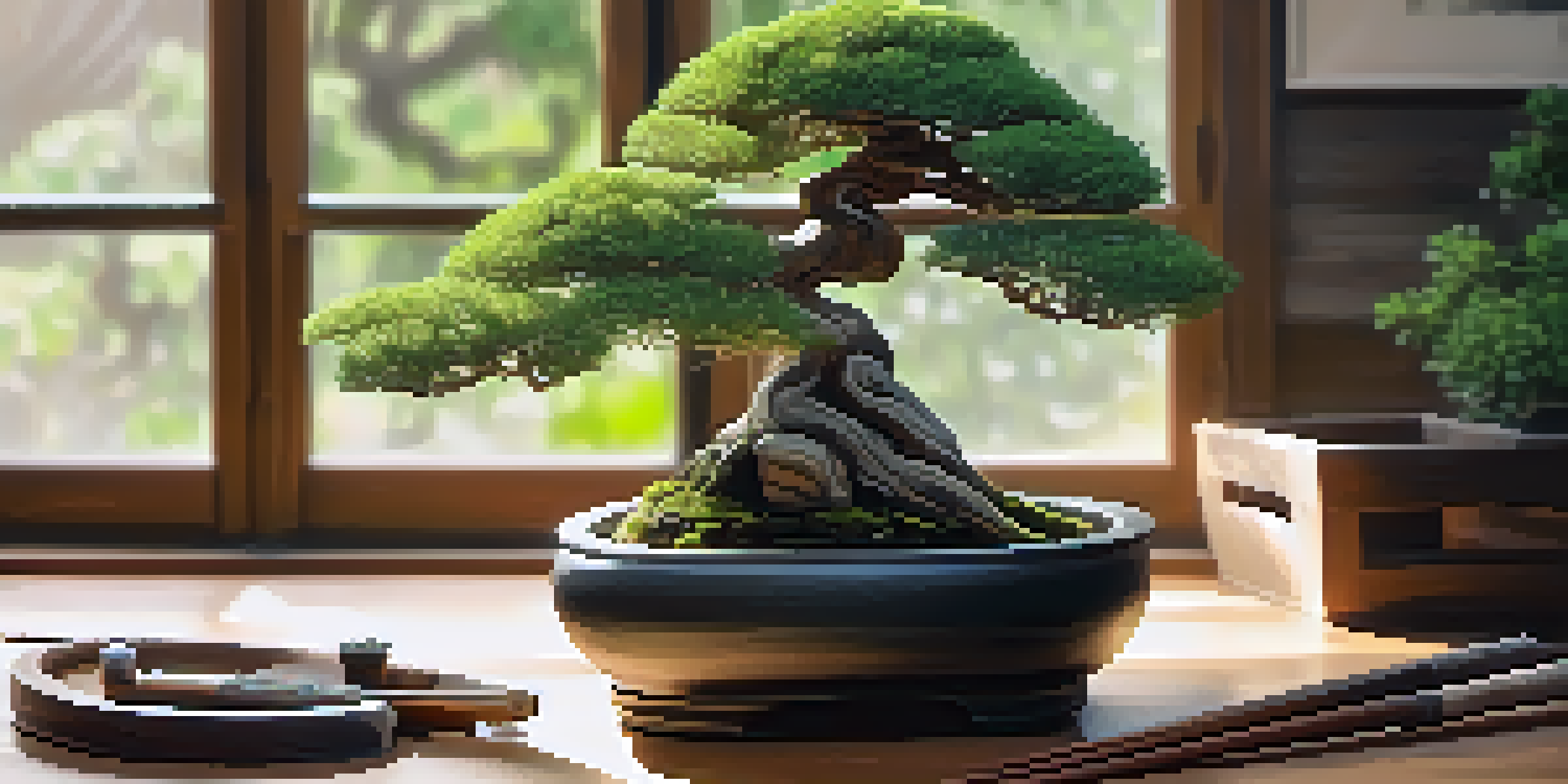A peaceful bonsai tree in a wooden pot on a table with bonsai tools, illuminated by soft natural light, and a blurred garden in the background.