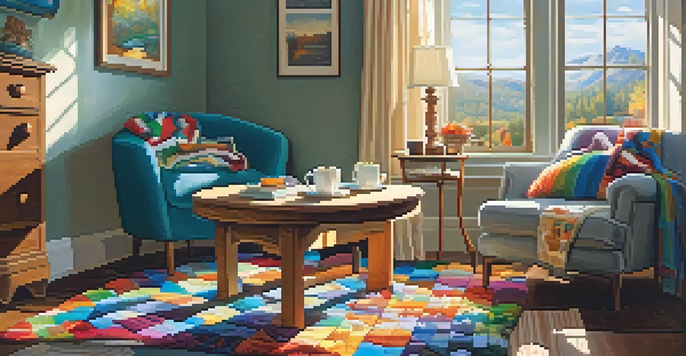 A cozy living room with a wooden table featuring a half-finished jigsaw puzzle, a steaming cup of tea, and a comfy armchair with a knitted blanket.