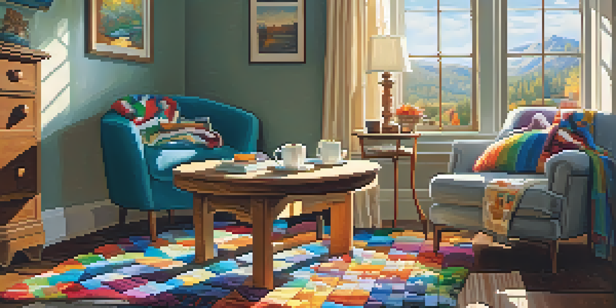 A cozy living room with a wooden table featuring a half-finished jigsaw puzzle, a steaming cup of tea, and a comfy armchair with a knitted blanket.