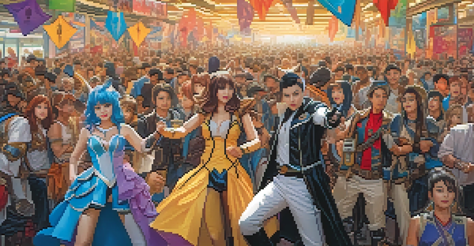 A lively comic convention with cosplayers in detailed costumes, colorful banners, and an excited crowd.