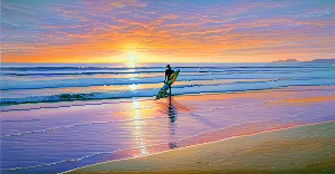 A peaceful beach at sunrise with a surfer preparing their surfboard and gentle waves in the background.