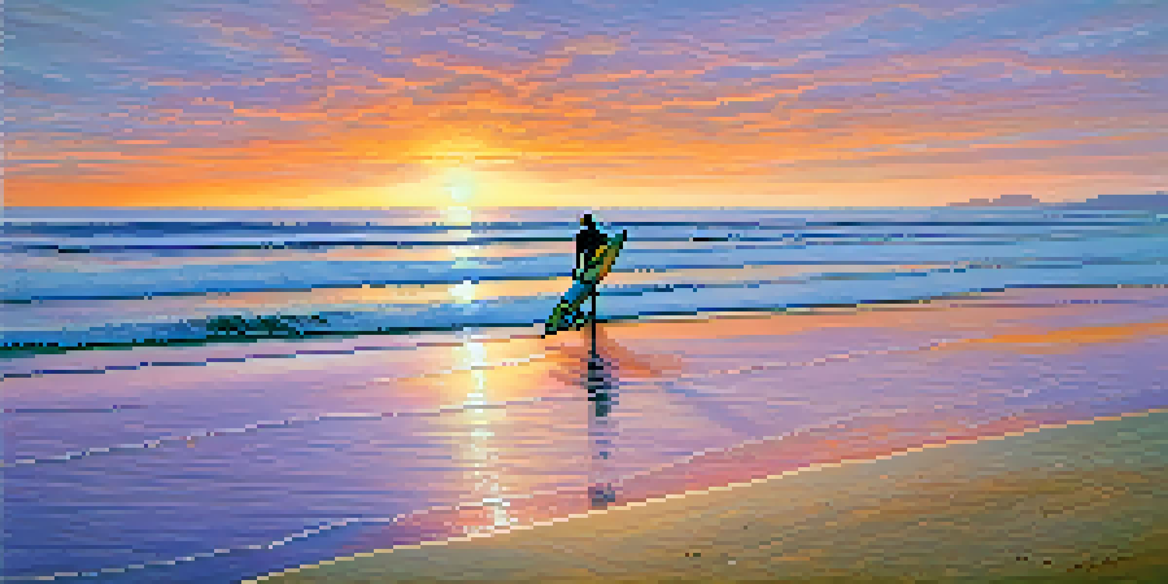 A peaceful beach at sunrise with a surfer preparing their surfboard and gentle waves in the background.