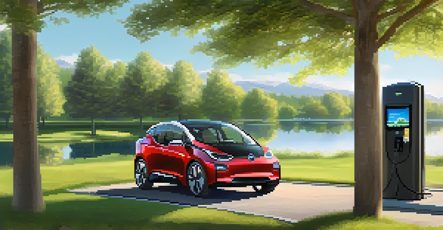 An electric vehicle at a solar-powered charging station in a park with trees and a pond in the background.