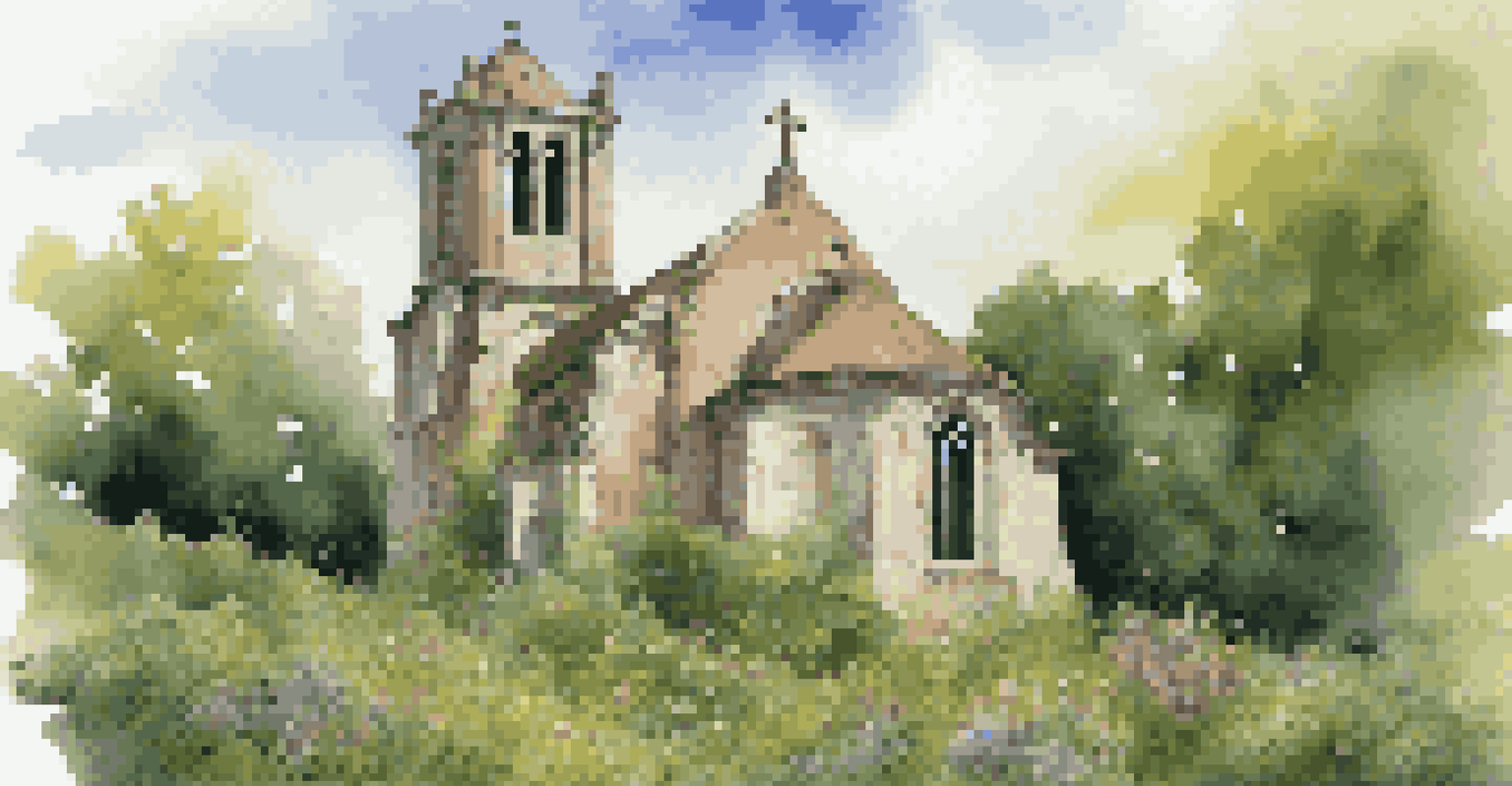 Crumbling Romanesque church exterior surrounded by greenery and wildflowers under a blue sky.