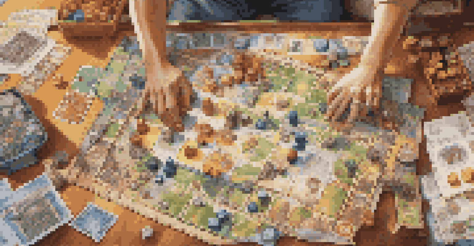 An overhead view of a colorful board game in progress, with players' hands interacting with game components under natural light.