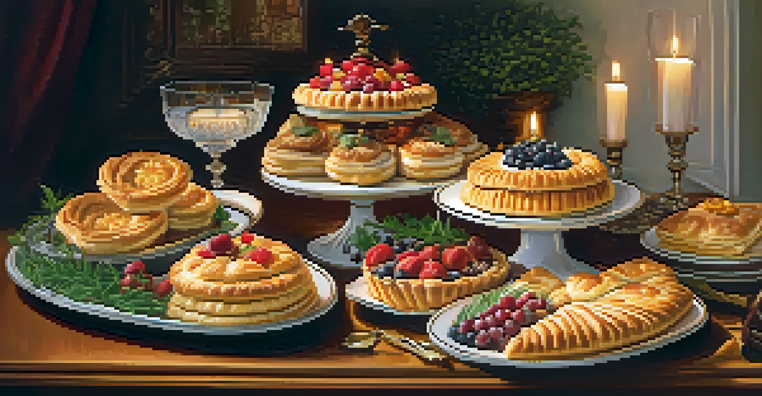 A beautiful assortment of various puff pastries arranged on a decorative platter, with herbs and fruits for garnish.