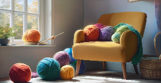 A cozy knitting corner with an armchair, colorful yarn balls, a scarf, and a cup of tea in warm sunlight.